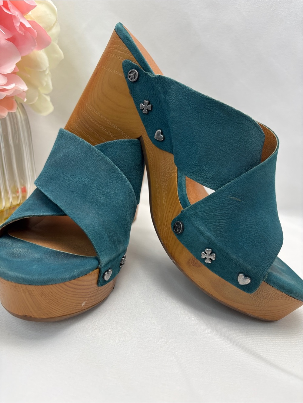 Lucky Brand Women’s 6 Teal Crisscross Leather Platform Mules #355 - Picture 5 of 12